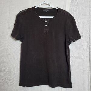 RW&CO Dark Brown Espresso Henley Short Sleeve Shirt Faux Leather Shoulder Stripe